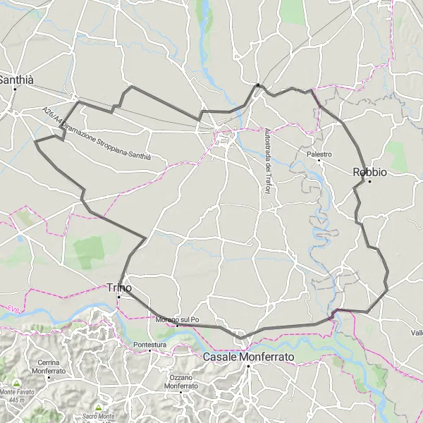 Map miniature of "San Germano Vercellese to Morano sul Po Loop" cycling inspiration in Piemonte, Italy. Generated by Tarmacs.app cycling route planner