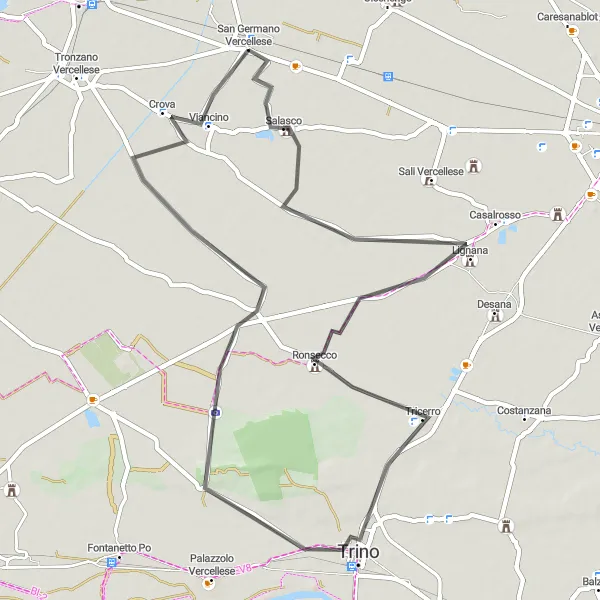 Map miniature of "San Germano Vercellese to Abbazia di Lucedio Loop" cycling inspiration in Piemonte, Italy. Generated by Tarmacs.app cycling route planner