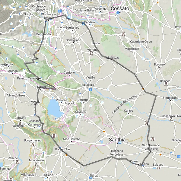 Map miniature of "Historic Landmarks and Challenging Climbs" cycling inspiration in Piemonte, Italy. Generated by Tarmacs.app cycling route planner