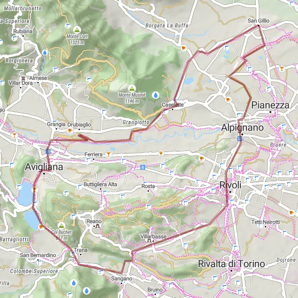 Map miniature of "San Gillio - Rivoli Gravel Adventure" cycling inspiration in Piemonte, Italy. Generated by Tarmacs.app cycling route planner