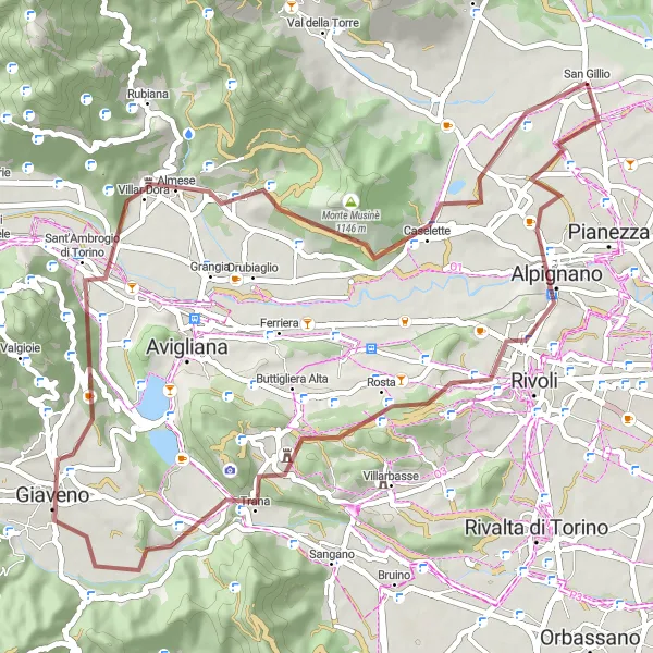 Mapa miniatúra "Gravelový Cyklistický okruh okolo San Gillia a okolité Prímenia" cyklistická inšpirácia v Piemonte, Italy. Vygenerované cyklistickým plánovačom trás Tarmacs.app