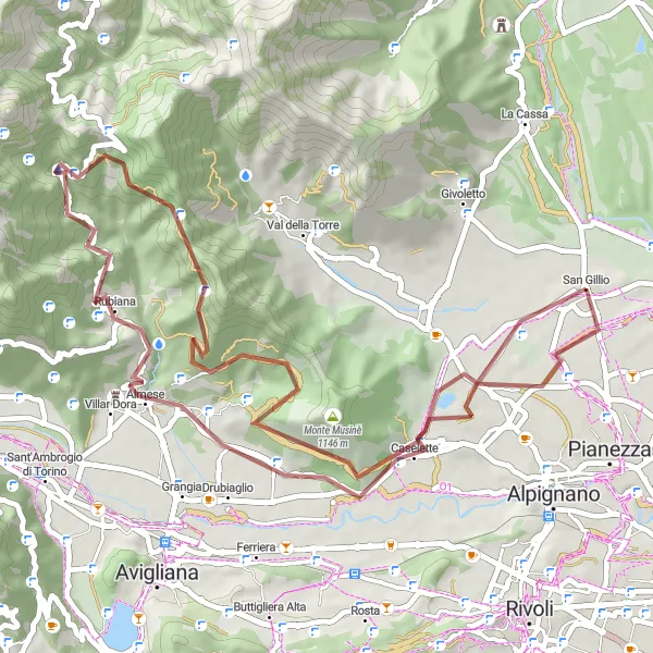 Map miniature of "San Gillio - Monte Musinè Gravel Loop" cycling inspiration in Piemonte, Italy. Generated by Tarmacs.app cycling route planner