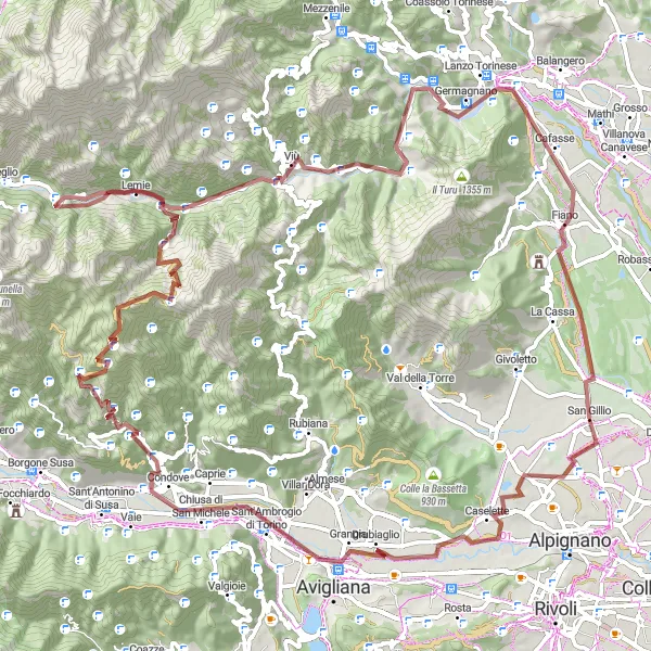 Miniaturní mapa "Gravelová dobrodružství kolem Torina" inspirace pro cyklisty v oblasti Piemonte, Italy. Vytvořeno pomocí plánovače tras Tarmacs.app