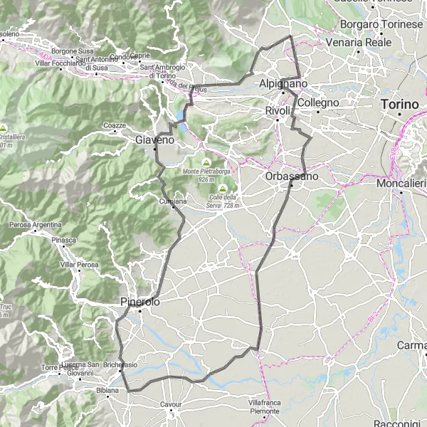 Miniaturní mapa "Přes hory k San Gillio" inspirace pro cyklisty v oblasti Piemonte, Italy. Vytvořeno pomocí plánovače tras Tarmacs.app