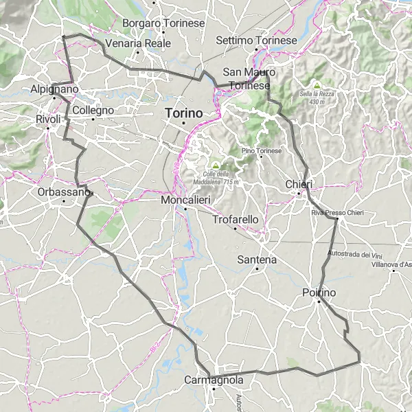 Miniatura della mappa di ispirazione al ciclismo "Itinerario tra Druento e Piobesi Torinese" nella regione di Piemonte, Italy. Generata da Tarmacs.app, pianificatore di rotte ciclistiche