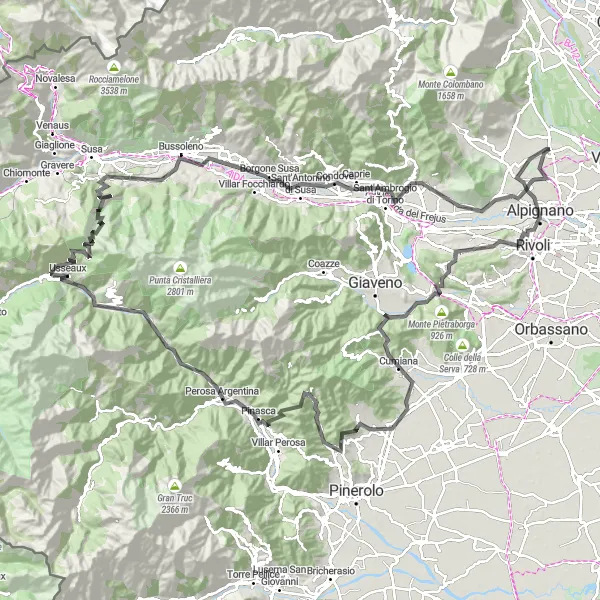 Miniature de la carte de l'inspiration cycliste "Exploration des montagnes piémontaises" dans la Piemonte, Italy. Générée par le planificateur d'itinéraire cycliste Tarmacs.app