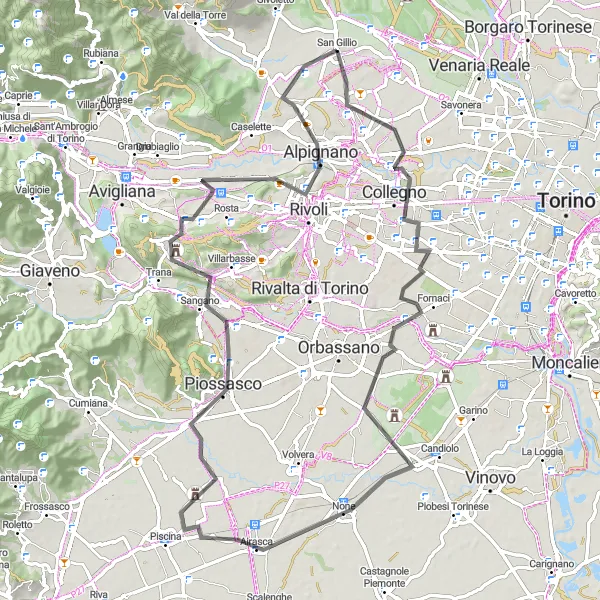 Miniatura della mappa di ispirazione al ciclismo "Giro Ciclabile Intorno a San Gillio" nella regione di Piemonte, Italy. Generata da Tarmacs.app, pianificatore di rotte ciclistiche