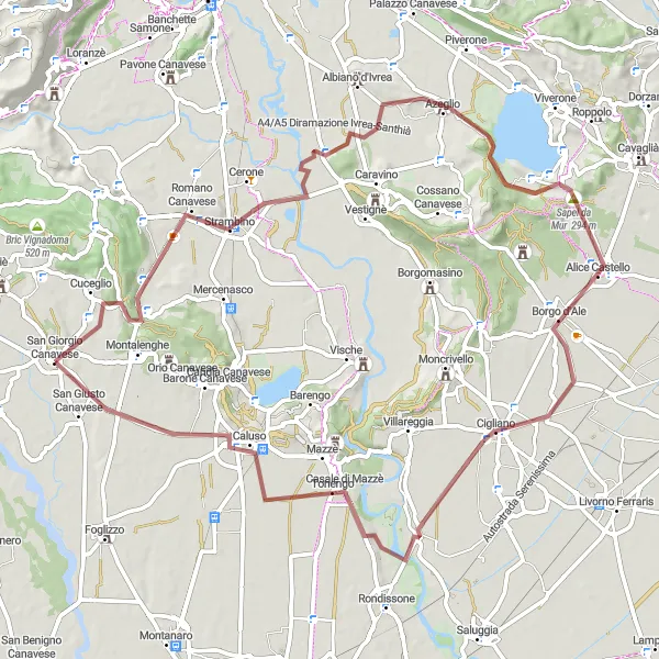 Miniatua del mapa de inspiración ciclista "Ruta de Ciclismo de Grava de San Giorgio Canavese" en Piemonte, Italy. Generado por Tarmacs.app planificador de rutas ciclistas