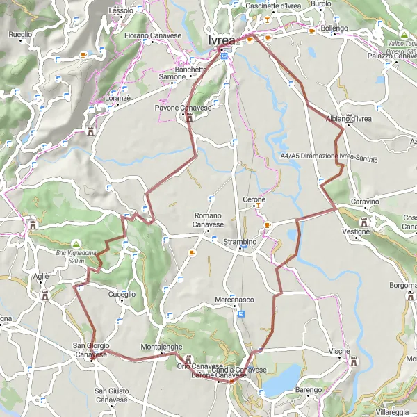 Miniatua del mapa de inspiración ciclista "Ruta a Monte Riolo y Albiano d'Ivrea" en Piemonte, Italy. Generado por Tarmacs.app planificador de rutas ciclistas