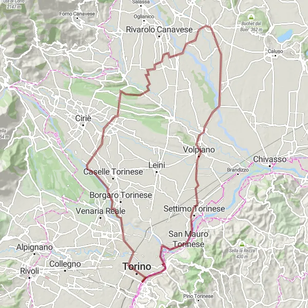 Map miniature of "Gravel Adventure in Canavese" cycling inspiration in Piemonte, Italy. Generated by Tarmacs.app cycling route planner