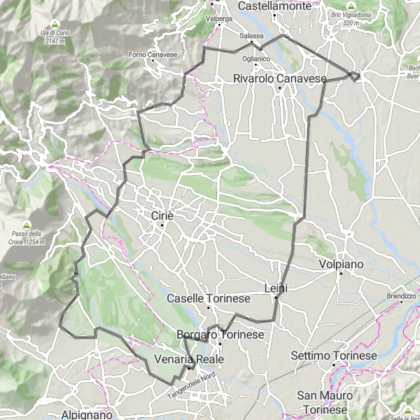 Karttaminiaatyyri "San Giorgio Canavese - Ozegna Road Cycling Route" pyöräilyinspiraatiosta alueella Piemonte, Italy. Luotu Tarmacs.app pyöräilyreittisuunnittelijalla