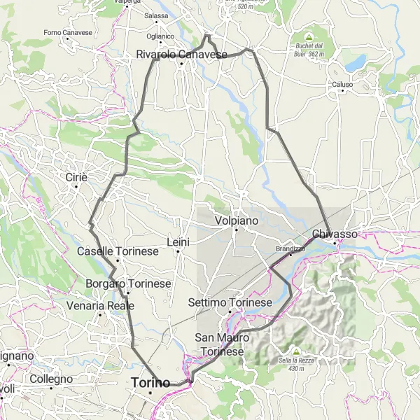 Miniatua del mapa de inspiración ciclista "Ruta a Montanaro y más allá" en Piemonte, Italy. Generado por Tarmacs.app planificador de rutas ciclistas