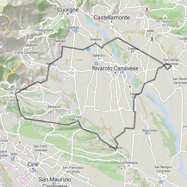 Kartminiatyr av "Rundtur genom Rivara" cykelinspiration i Piemonte, Italy. Genererad av Tarmacs.app cykelruttplanerare