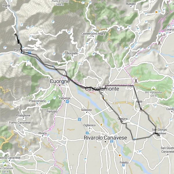 Zemljevid v pomanjšavi "Road to Castellamonte" kolesarske inspiracije v Piemonte, Italy. Generirano z načrtovalcem kolesarskih poti Tarmacs.app