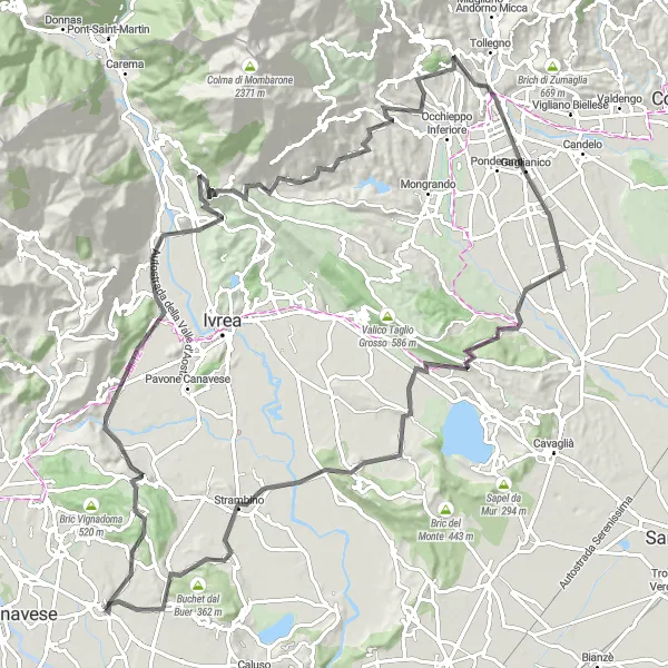 Miniatua del mapa de inspiración ciclista "Ruta de Ciclismo de Carretera de Perosa Canavese" en Piemonte, Italy. Generado por Tarmacs.app planificador de rutas ciclistas