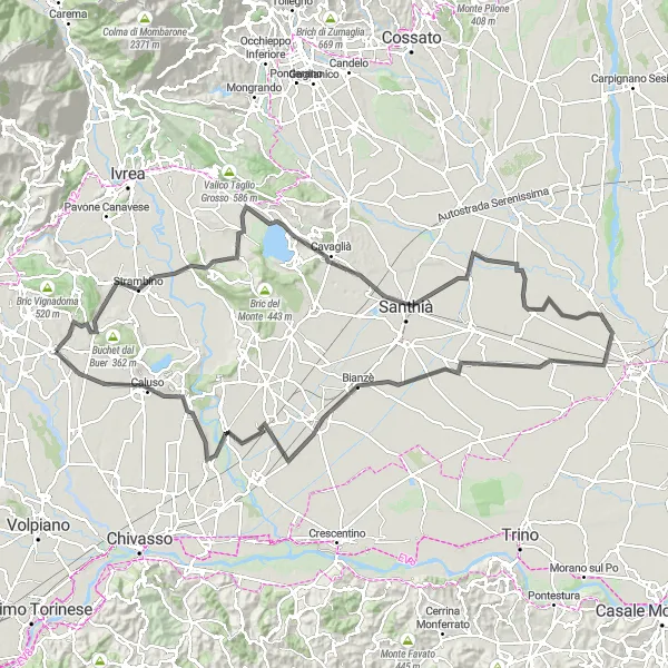 Karttaminiaatyyri "San Giorgio Canavese - San Giusto Canavese Round-trip" pyöräilyinspiraatiosta alueella Piemonte, Italy. Luotu Tarmacs.app pyöräilyreittisuunnittelijalla