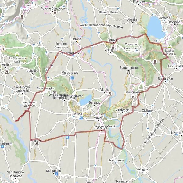Mapa miniatúra "Gravelová cyklotrasa v okolí" cyklistická inšpirácia v Piemonte, Italy. Vygenerované cyklistickým plánovačom trás Tarmacs.app