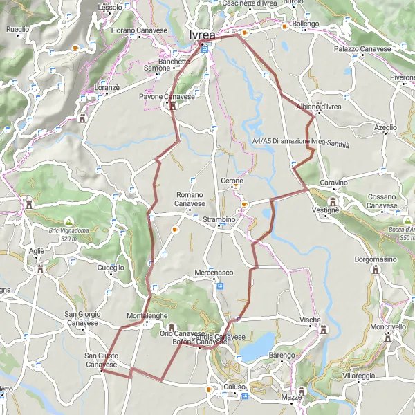 Miniaturní mapa "Gravelová cesta kolem San Giusto Canavese" inspirace pro cyklisty v oblasti Piemonte, Italy. Vytvořeno pomocí plánovače tras Tarmacs.app