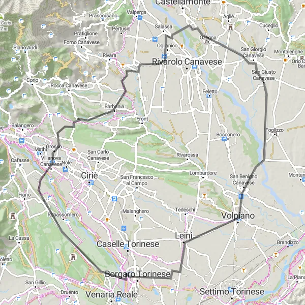 Miniatua del mapa de inspiración ciclista "Recorrido Escénico a Barbania y San Giorgio Canavese" en Piemonte, Italy. Generado por Tarmacs.app planificador de rutas ciclistas
