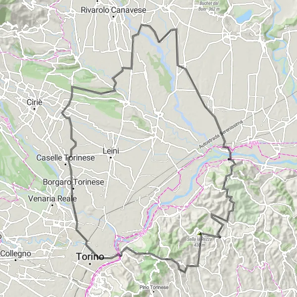 Map miniature of "Road Cycling Adventure to Mole Antonelliana" cycling inspiration in Piemonte, Italy. Generated by Tarmacs.app cycling route planner