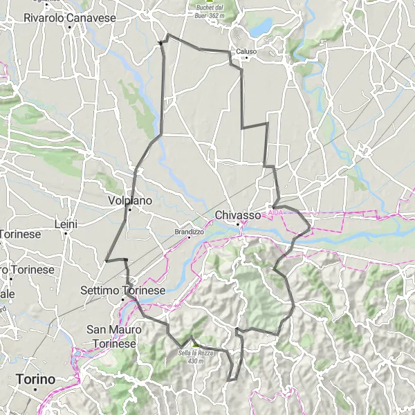 Map miniature of "Road Cycling Adventure in Canavese" cycling inspiration in Piemonte, Italy. Generated by Tarmacs.app cycling route planner