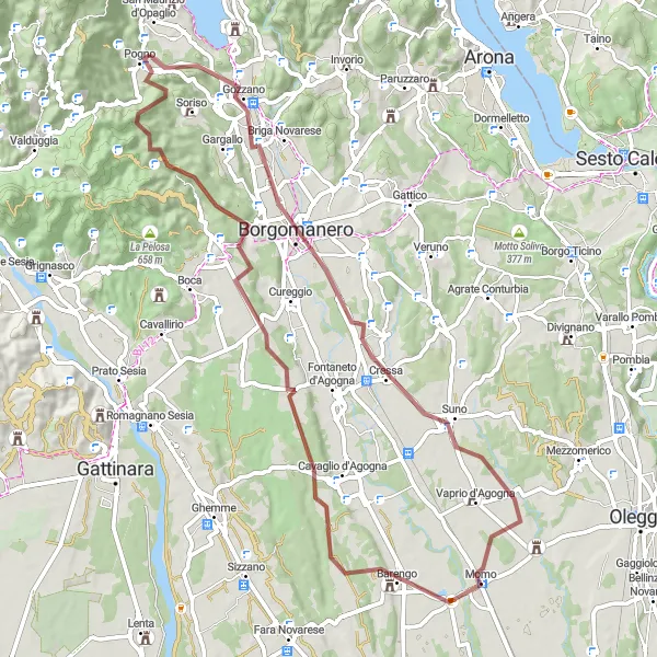 Kartminiatyr av "Gruskjøring til Pogno og tilbake" sykkelinspirasjon i Piemonte, Italy. Generert av Tarmacs.app sykkelrutoplanlegger