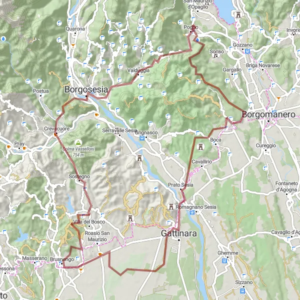 Miniatua del mapa de inspiración ciclista "Ruta de Grava a través de Maggiora y Borgosesia" en Piemonte, Italy. Generado por Tarmacs.app planificador de rutas ciclistas