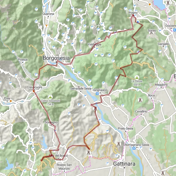 Miniaturní mapa "GravelovÃ½ vÃ½let k Monte Calvario" inspirace pro cyklisty v oblasti Piemonte, Italy. Vytvořeno pomocí plánovače tras Tarmacs.app