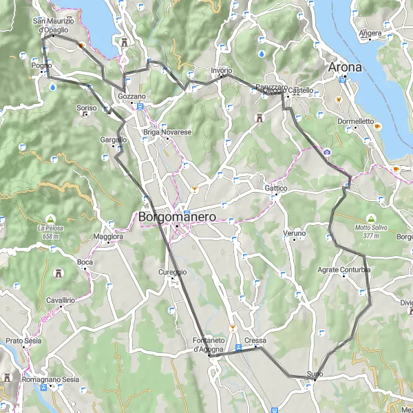 Map miniature of "Gozzano and Fontaneto d'Agogna Loop" cycling inspiration in Piemonte, Italy. Generated by Tarmacs.app cycling route planner