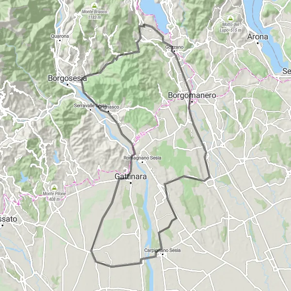 Miniatua del mapa de inspiración ciclista "Ruta en Carretera a través de Fontaneto d'Agogna y Ghislarengo" en Piemonte, Italy. Generado por Tarmacs.app planificador de rutas ciclistas
