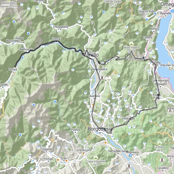 Miniatua del mapa de inspiración ciclista "Ruta en Carretera a través de Borgosesia y Varallo" en Piemonte, Italy. Generado por Tarmacs.app planificador de rutas ciclistas