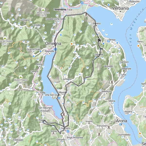 Miniatua del mapa de inspiración ciclista "Recorrido en carretera alrededor del Lago Orta" en Piemonte, Italy. Generado por Tarmacs.app planificador de rutas ciclistas