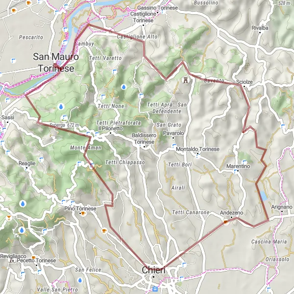 Miniatua del mapa de inspiración ciclista "Ruta de ciclismo de grava por los alrededores de San Mauro Torinese" en Piemonte, Italy. Generado por Tarmacs.app planificador de rutas ciclistas