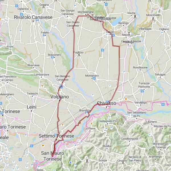 Miniatura della mappa di ispirazione al ciclismo "Giro in bicicletta fuori strada attraverso Candia Canavese" nella regione di Piemonte, Italy. Generata da Tarmacs.app, pianificatore di rotte ciclistiche