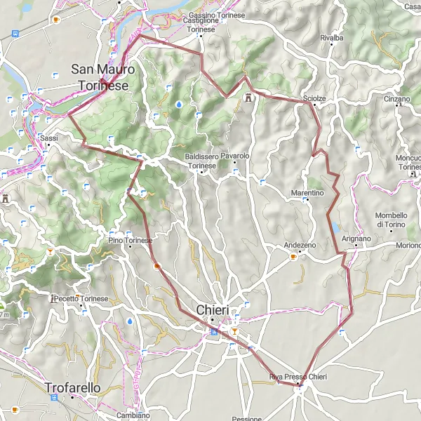 Map miniature of "The Gravel Tour of Arignano" cycling inspiration in Piemonte, Italy. Generated by Tarmacs.app cycling route planner