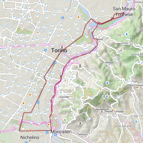 Miniatura della mappa di ispirazione al ciclismo "Tour in bicicletta panoramico attraverso Turin" nella regione di Piemonte, Italy. Generata da Tarmacs.app, pianificatore di rotte ciclistiche
