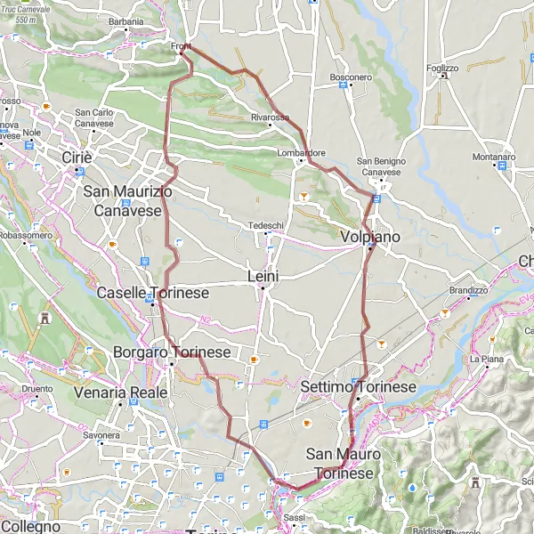 Miniatua del mapa de inspiración ciclista "Ruta de Grava Borgaro - Settimo Torinese" en Piemonte, Italy. Generado por Tarmacs.app planificador de rutas ciclistas