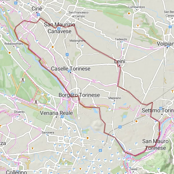 Mapa miniatúra "Gravelová trasa poblíž San Mauro Torinese" cyklistická inšpirácia v Piemonte, Italy. Vygenerované cyklistickým plánovačom trás Tarmacs.app