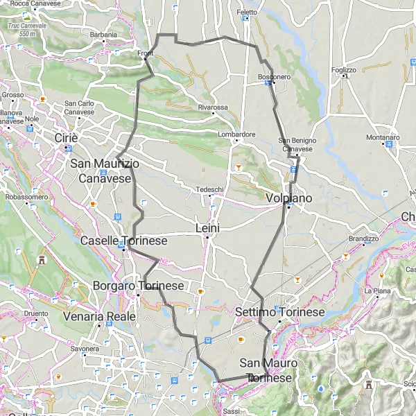 Miniatua del mapa de inspiración ciclista "Ruta de Ciclismo de Carretera a través de San Mauro Torinese" en Piemonte, Italy. Generado por Tarmacs.app planificador de rutas ciclistas