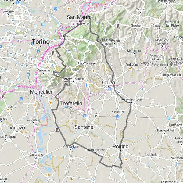 Miniatua del mapa de inspiración ciclista "Ruta de ciclismo de carretera por San Mauro Torinese" en Piemonte, Italy. Generado por Tarmacs.app planificador de rutas ciclistas