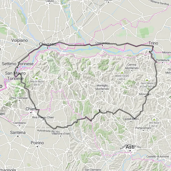 Miniatura della mappa di ispirazione al ciclismo "Giro in bicicletta da San Mauro Torinese a Villa San Secondo" nella regione di Piemonte, Italy. Generata da Tarmacs.app, pianificatore di rotte ciclistiche