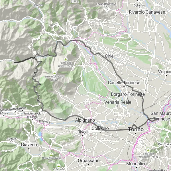 Map miniature of "San Mauro - Collegno - Monte Bruiero - Rubiana - Monte Arpone - Col San Giovanni - Rocca Lusoira - Viù - Punto panoramico - Villanova Canavese - Caselle Torinese - Mappano - San Mauro" cycling inspiration in Piemonte, Italy. Generated by Tarmacs.app cycling route planner