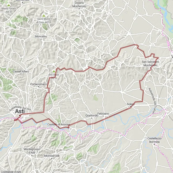 Karttaminiaatyyri "Gravel Adventure in Monferrato" pyöräilyinspiraatiosta alueella Piemonte, Italy. Luotu Tarmacs.app pyöräilyreittisuunnittelijalla