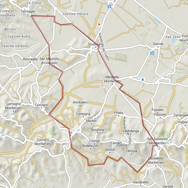 Miniaturekort af cykelinspirationen "Grusvej cykelrute gennem Piemonte landskabet" i Piemonte, Italy. Genereret af Tarmacs.app cykelruteplanlægger