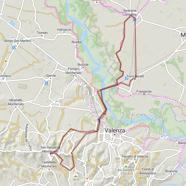 Miniature de la carte de l'inspiration cycliste "Gravel to Sartirana Lomellina and Torre Beretti" dans la Piemonte, Italy. Générée par le planificateur d'itinéraire cycliste Tarmacs.app