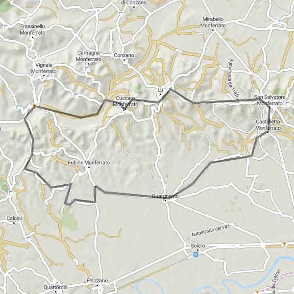 Miniature de la carte de l'inspiration cycliste "Road to Quargnento and Lu" dans la Piemonte, Italy. Générée par le planificateur d'itinéraire cycliste Tarmacs.app