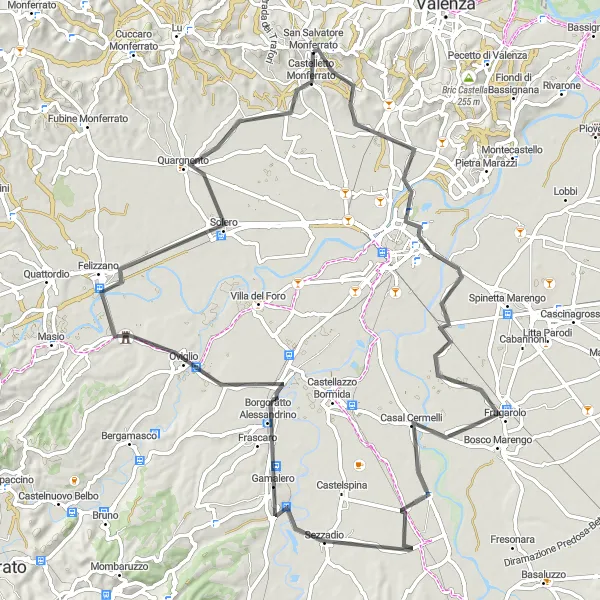 Miniature de la carte de l'inspiration cycliste "Route routière de Lunetta à Castelletto Monferrato" dans la Piemonte, Italy. Générée par le planificateur d'itinéraire cycliste Tarmacs.app