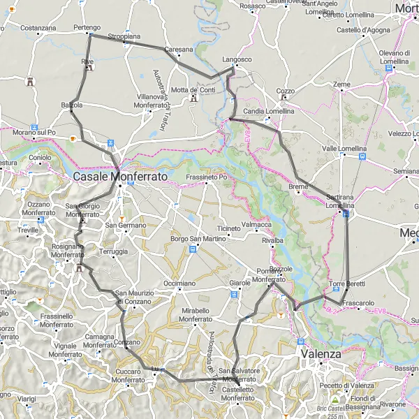 Miniatua del mapa de inspiración ciclista "Ruta de Casale Monferrato" en Piemonte, Italy. Generado por Tarmacs.app planificador de rutas ciclistas