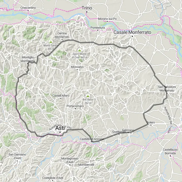 Zemljevid v pomanjšavi "Kolesarska pot s preoblikovanjem skozi Solero, Castello di Annone, Asti, Cortandone, Cunico, Murisengo, San Giorgio Monferrato, Mirabello Monferrato" kolesarske inspiracije v Piemonte, Italy. Generirano z načrtovalcem kolesarskih poti Tarmacs.app