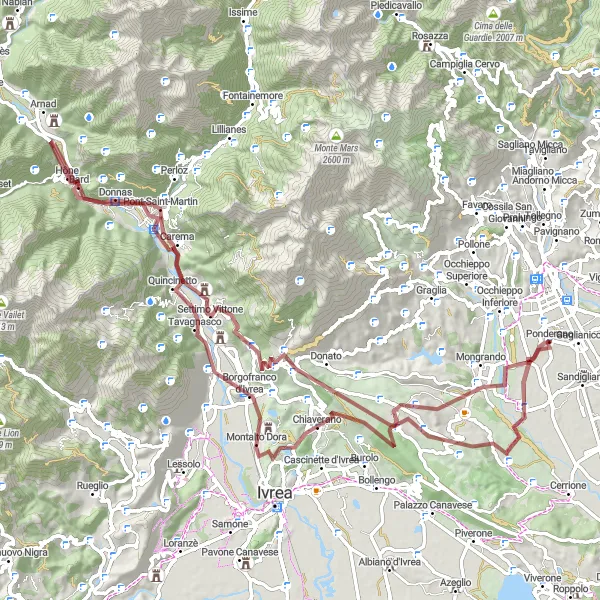 Kartminiatyr av "Grusvägscykling genom Passo dell'Oca och Donnas" cykelinspiration i Piemonte, Italy. Genererad av Tarmacs.app cykelruttplanerare
